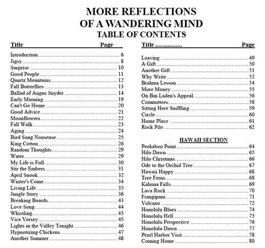 Table of Contents for More Reflections of a Wandering Mind