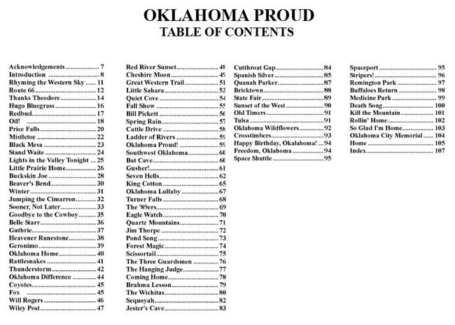 Table of Contents for Oklahoma Proud, a poetry book by Eddie Wilcoxen