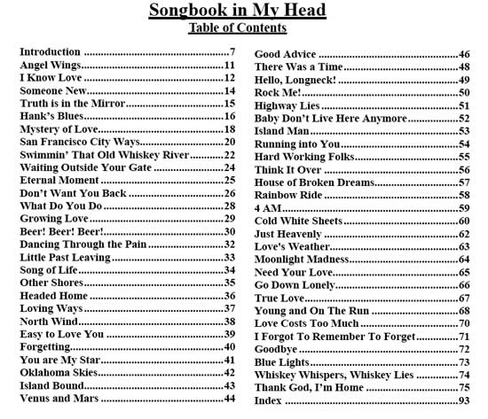 Table of Contents for Songbook in my Head, a book of songs by Eddie Wilcoxen